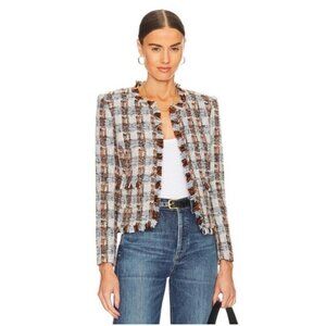 L'Agence Angelina Tweed Wool Blend Open Front Blazer in Blue/Orange Multi